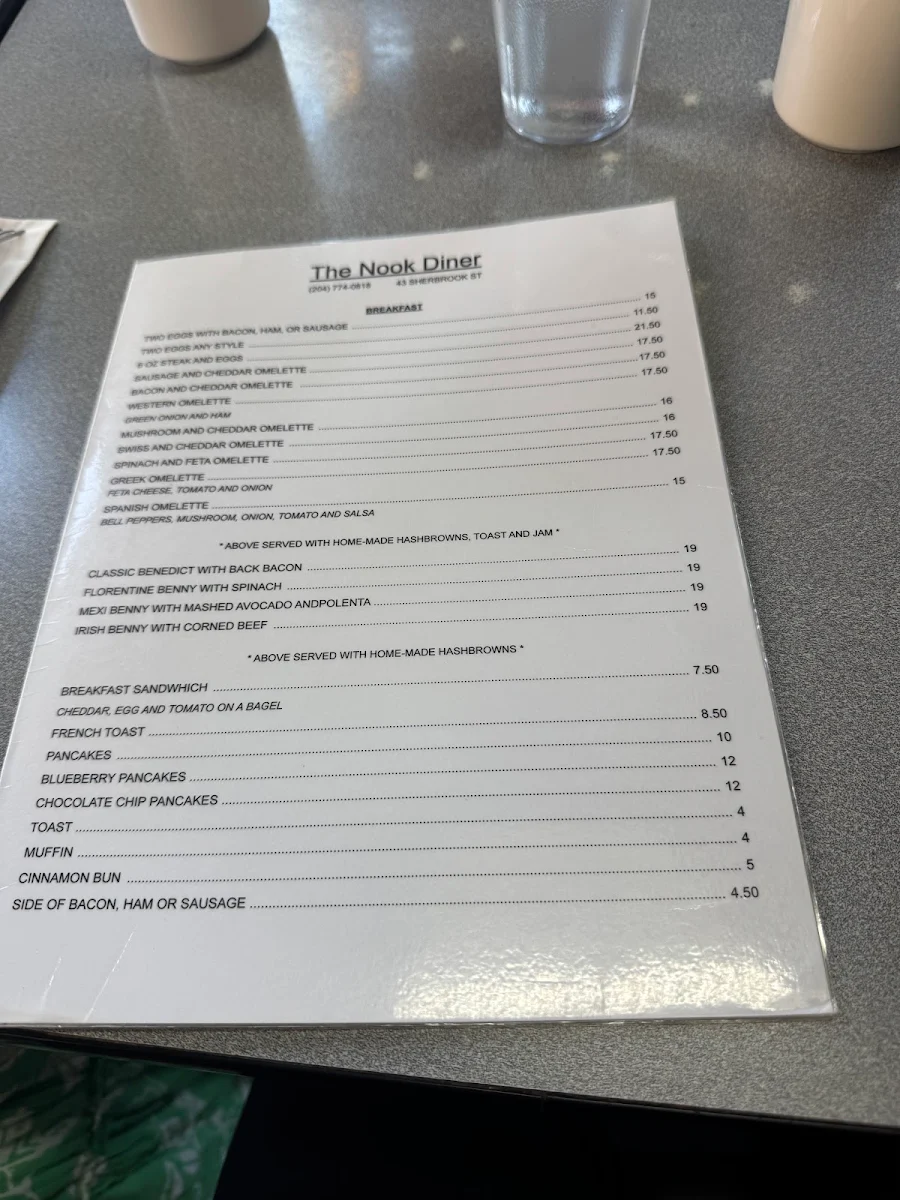 Menu, The Nook
