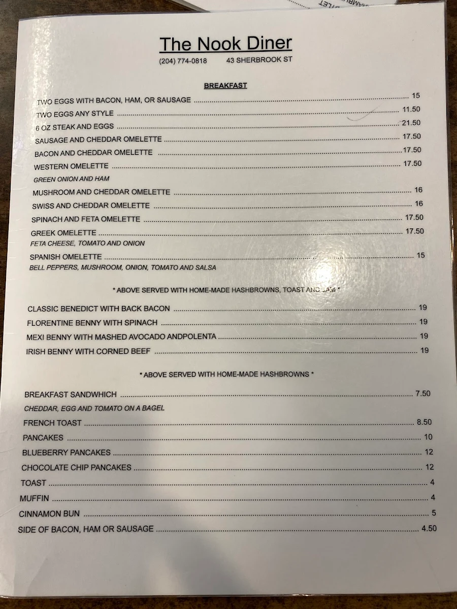 Menu, The Nook
