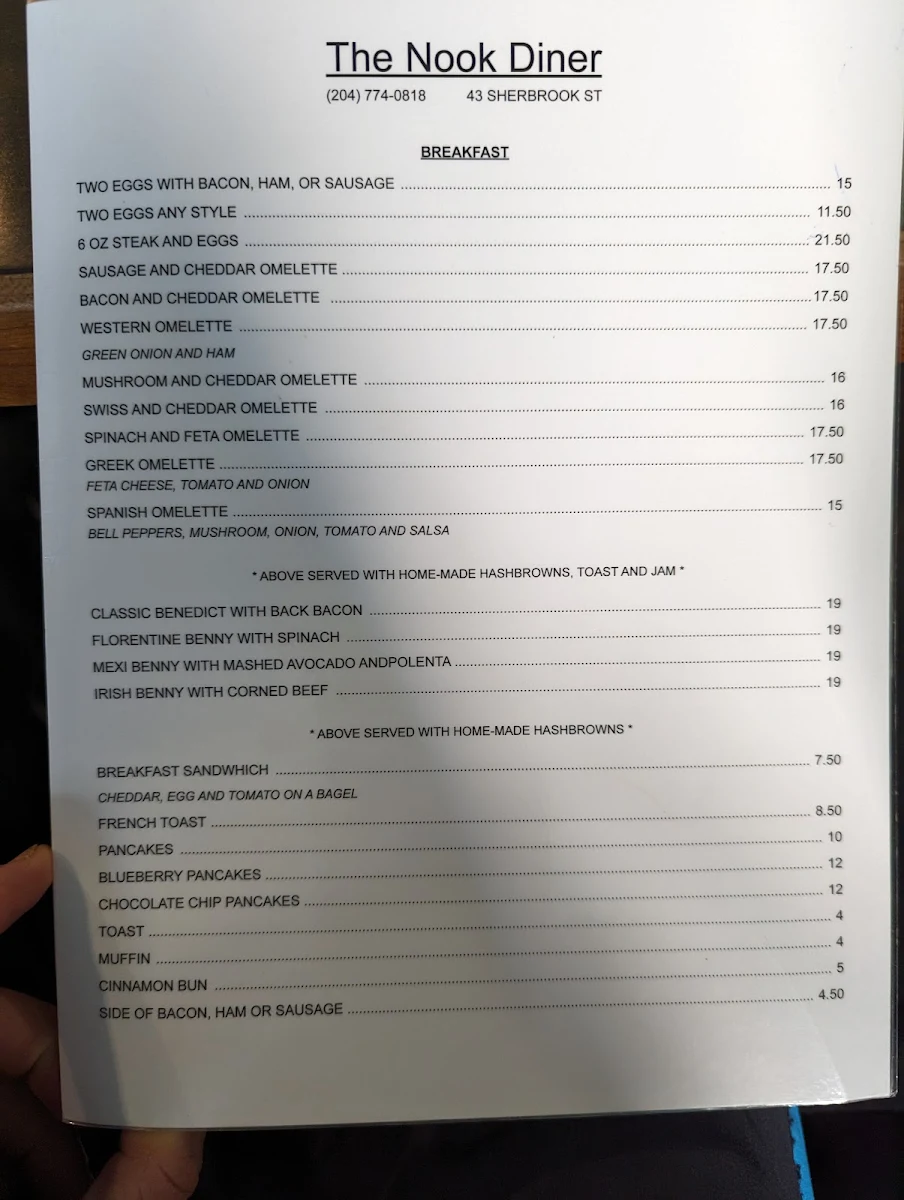 Menu, The Nook