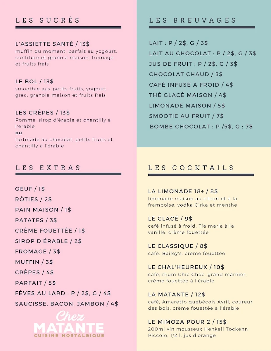 Menu, Chez Matante