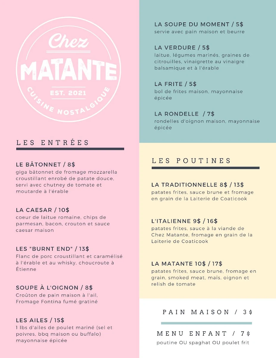 Menu, Chez Matante