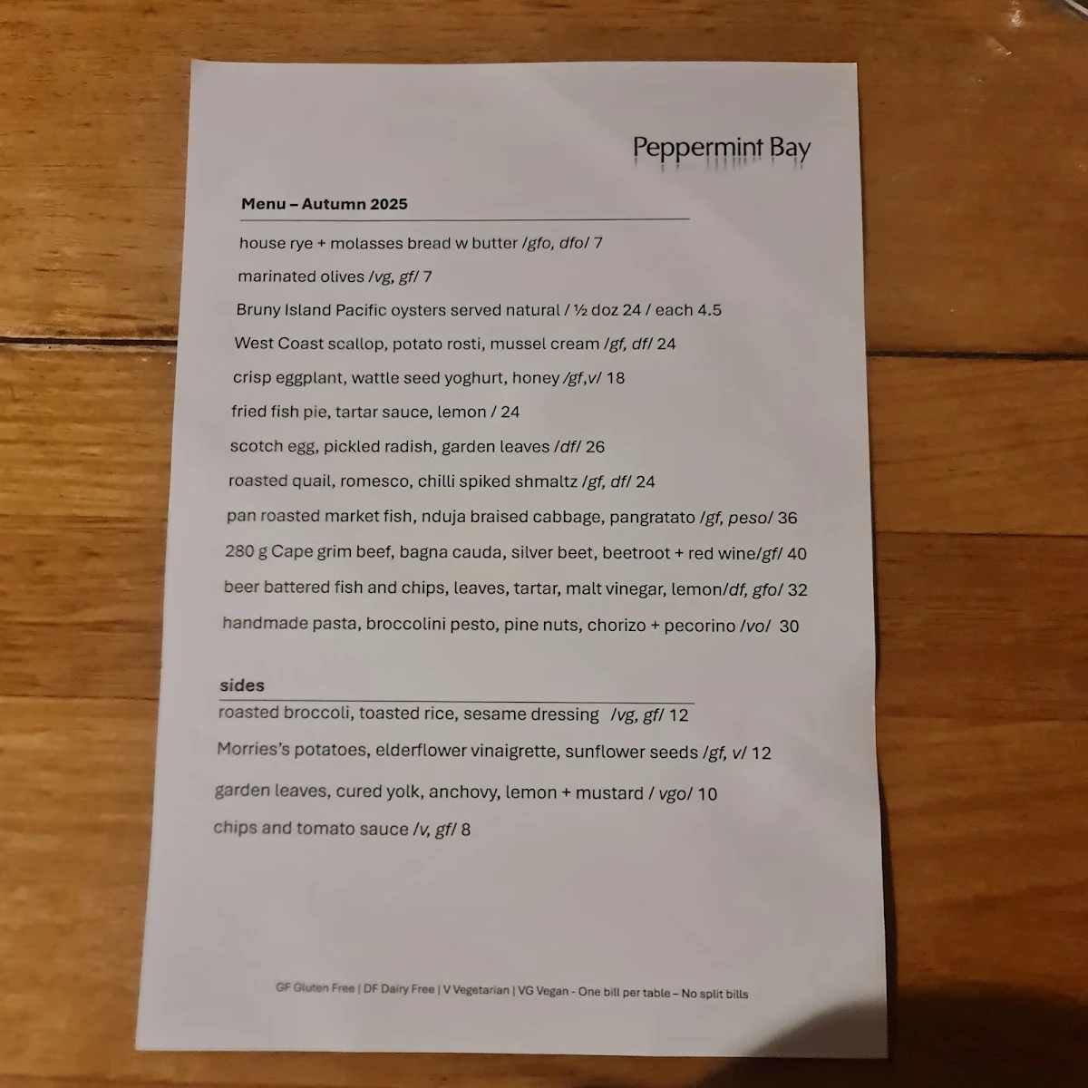 Menu, Peppermint Bay & Peppermint Bay Cruises