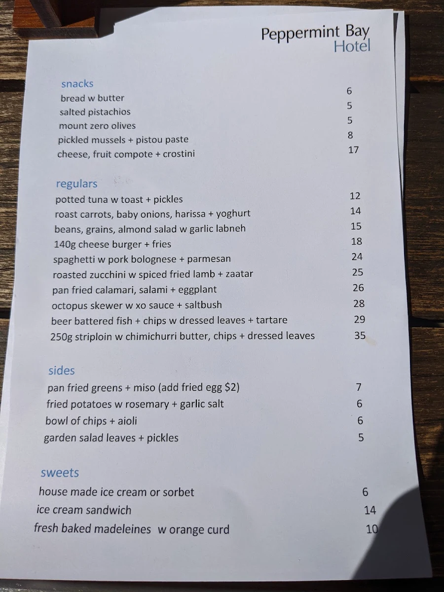 Menu, Peppermint Bay & Peppermint Bay Cruises