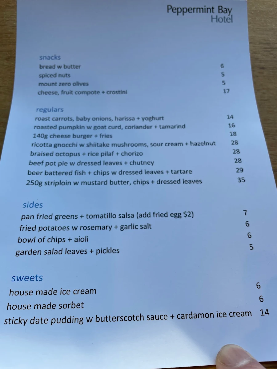 Menu, Peppermint Bay & Peppermint Bay Cruises
