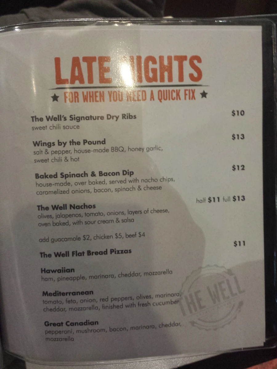 Menu, The Well Public House at Elements Casino Chilliwack