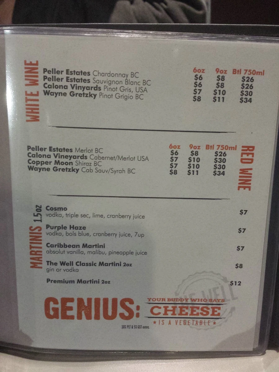 Menu, The Well Public House at Elements Casino Chilliwack