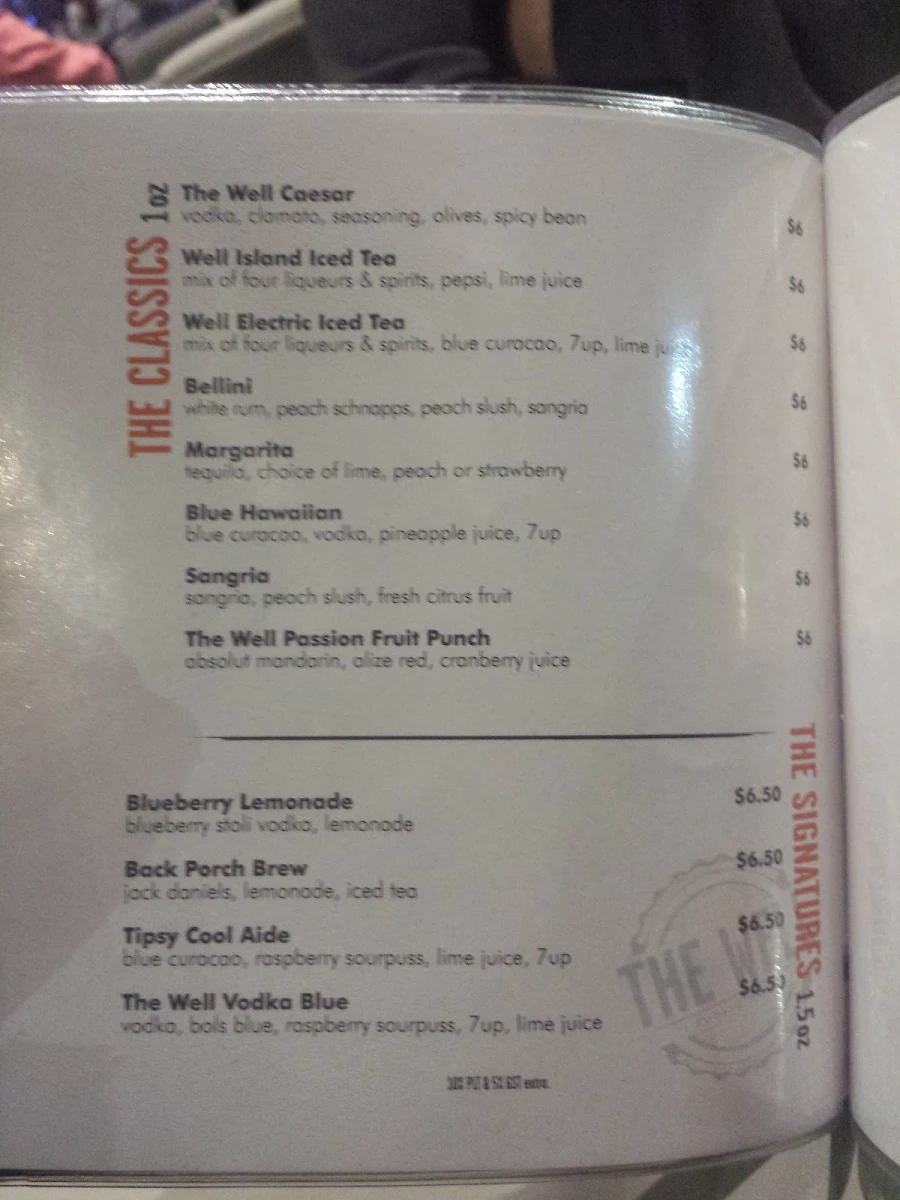 Menu, The Well Public House at Elements Casino Chilliwack