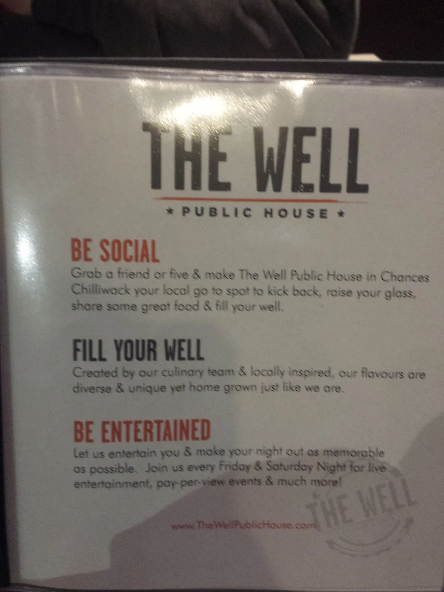 Menu, The Well Public House at Elements Casino Chilliwack