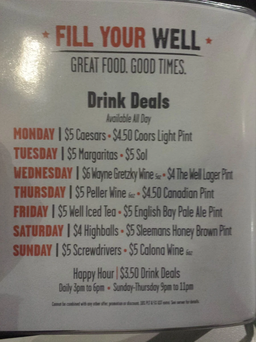 Menu, The Well Public House at Elements Casino Chilliwack