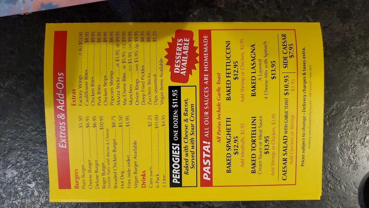 Menu, Pizza Factory