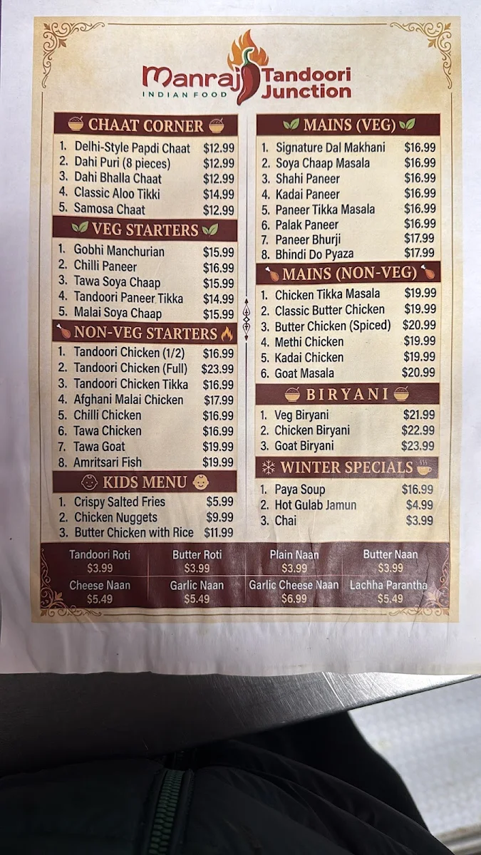 Menu, Manraj Tandoori Junction