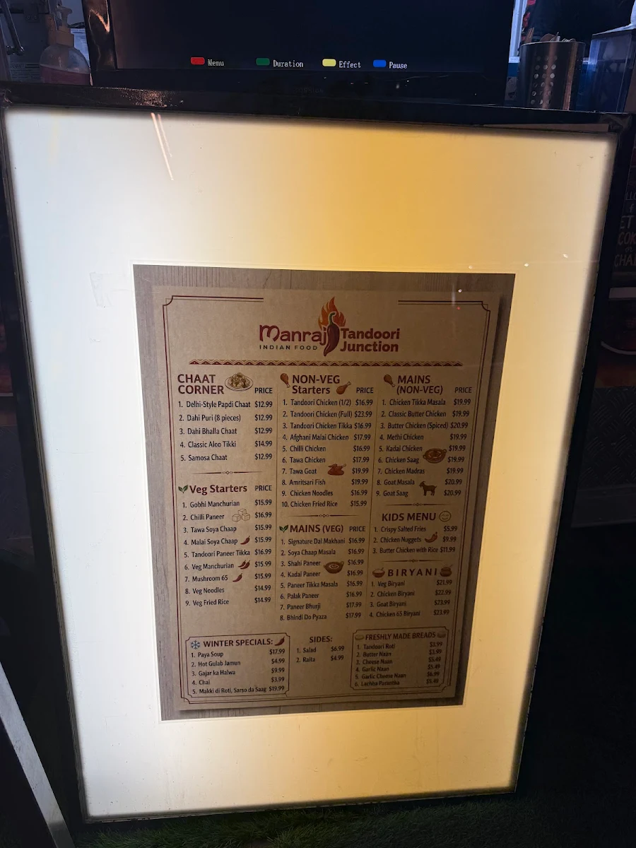 Menu, Manraj Tandoori Junction