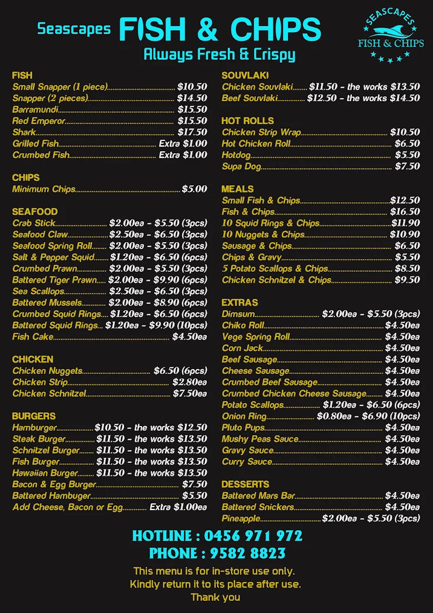 Menu, Seascapes Fish and Chips