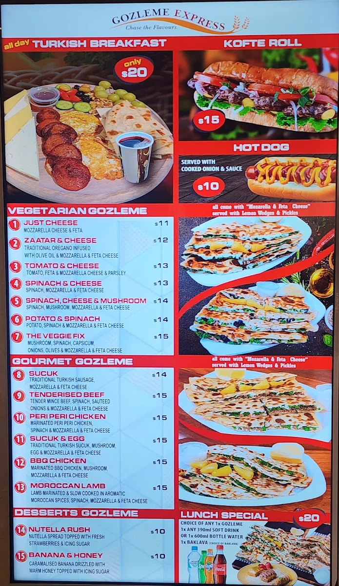 Menu, Gozleme Express