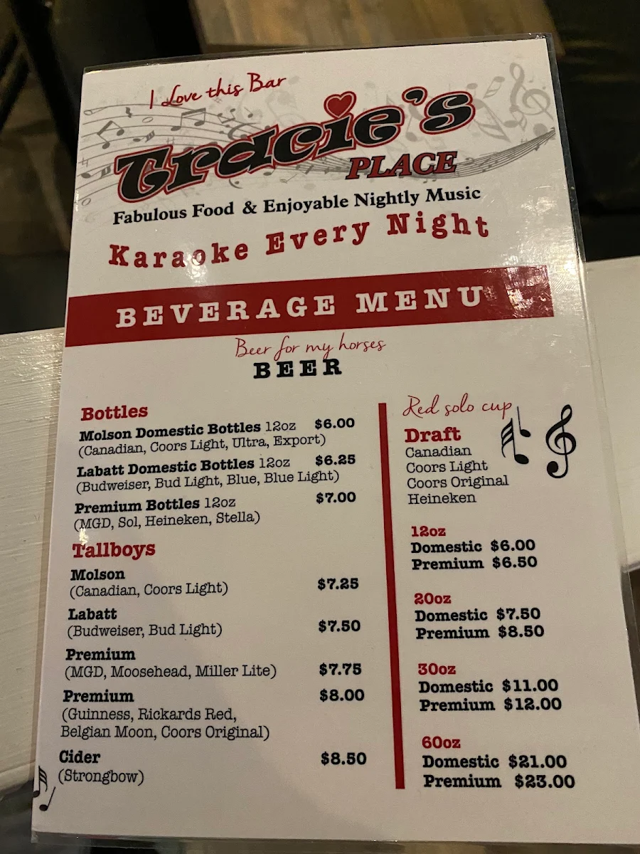 Menu, Tracie's Place Restaurant and Karaoke