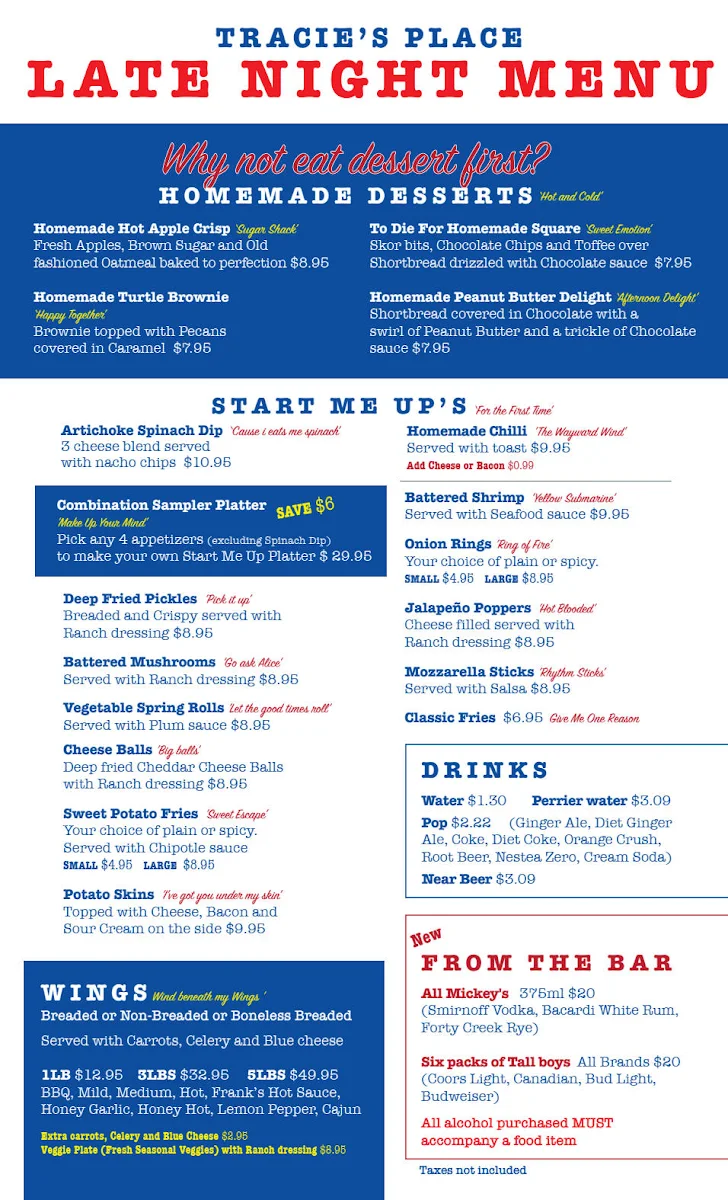 Menu, Tracie's Place Restaurant and Karaoke