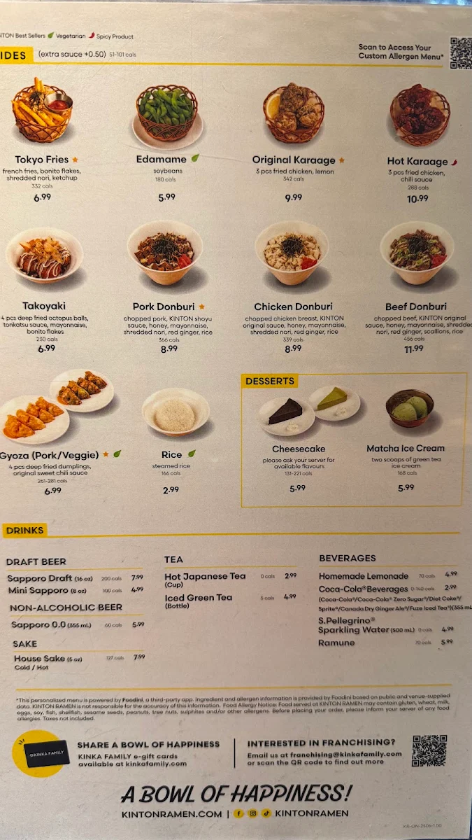 Menu, KINTON RAMEN BRAMPTON