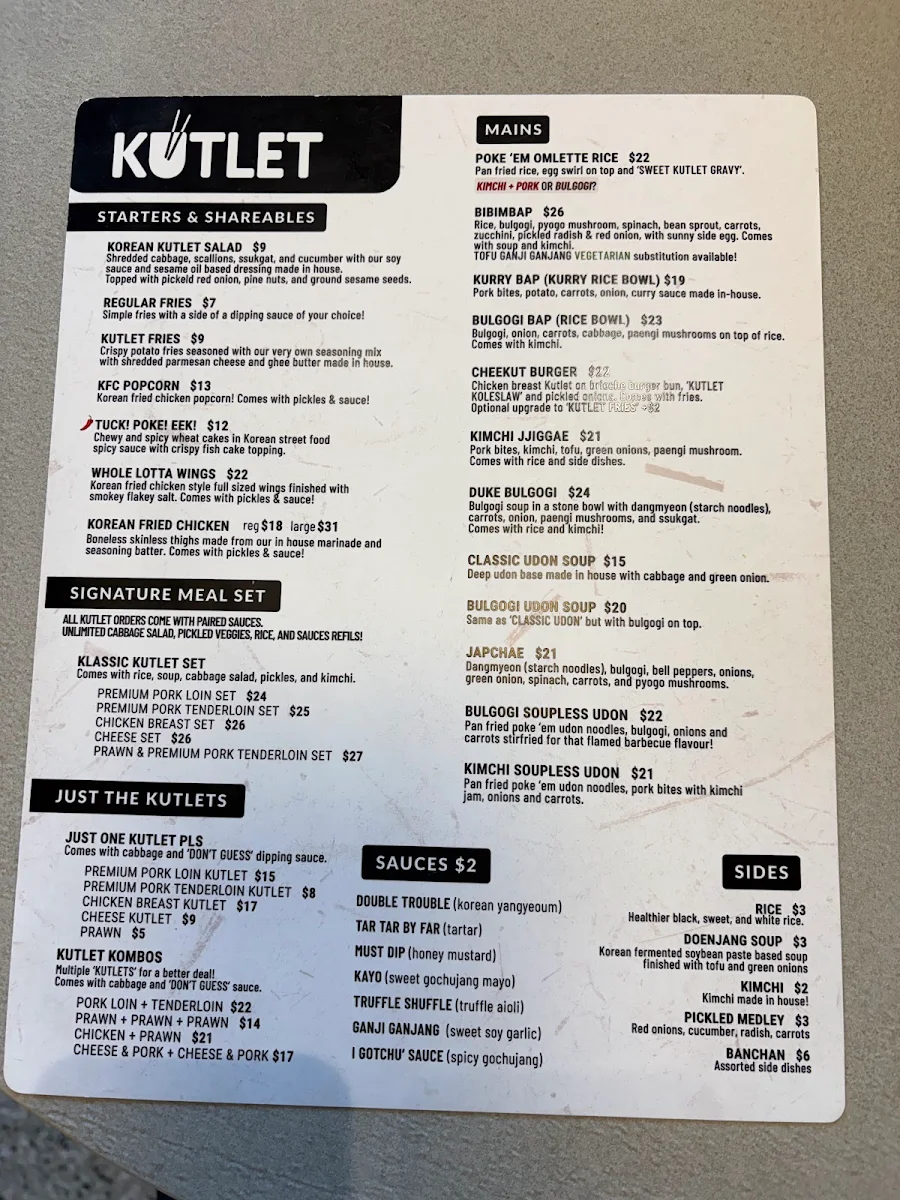 Menu, KUTLET Korean Restaurant
