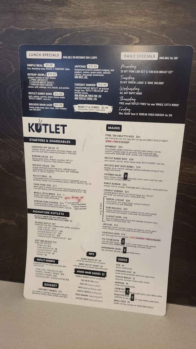 Menu, KUTLET Korean Restaurant