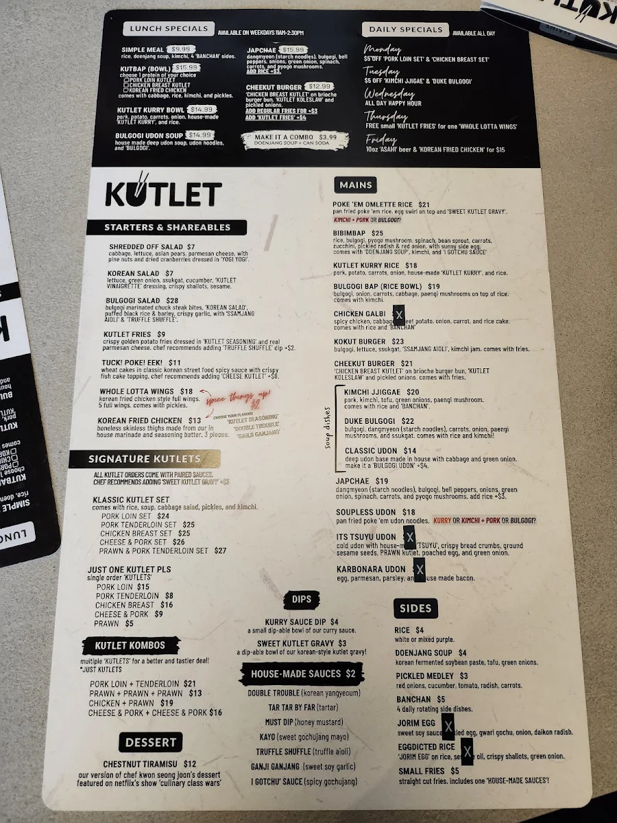 Menu, KUTLET Korean Restaurant