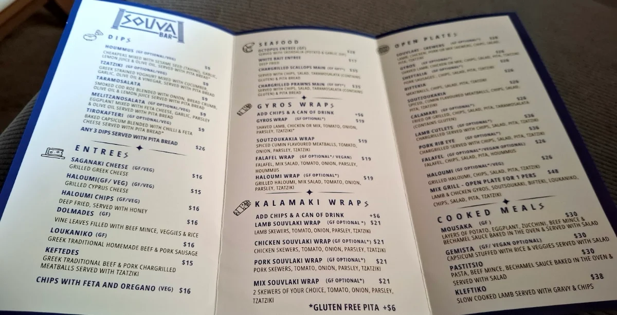 Menu, Souva Bar Greek Restaurant - Drysdale