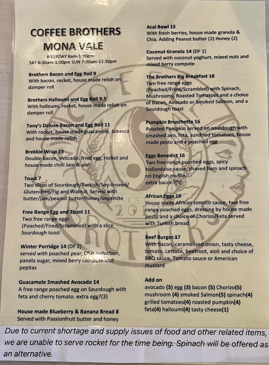 Menu, Coffee Brothers.