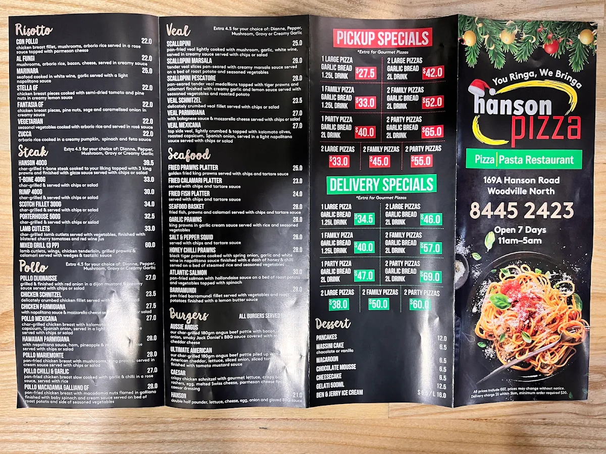 Menu, Hanson Pizza Bar
