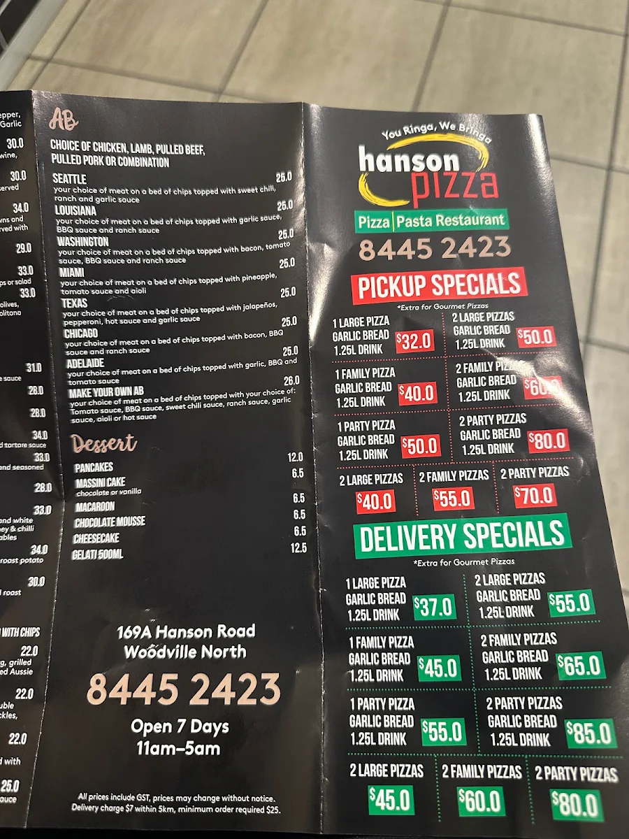 Menu, Hanson Pizza Bar