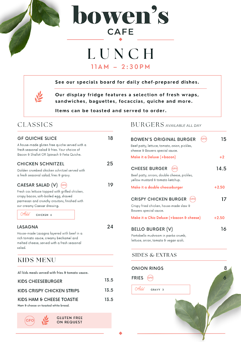 Menu, Bowen's Cafe