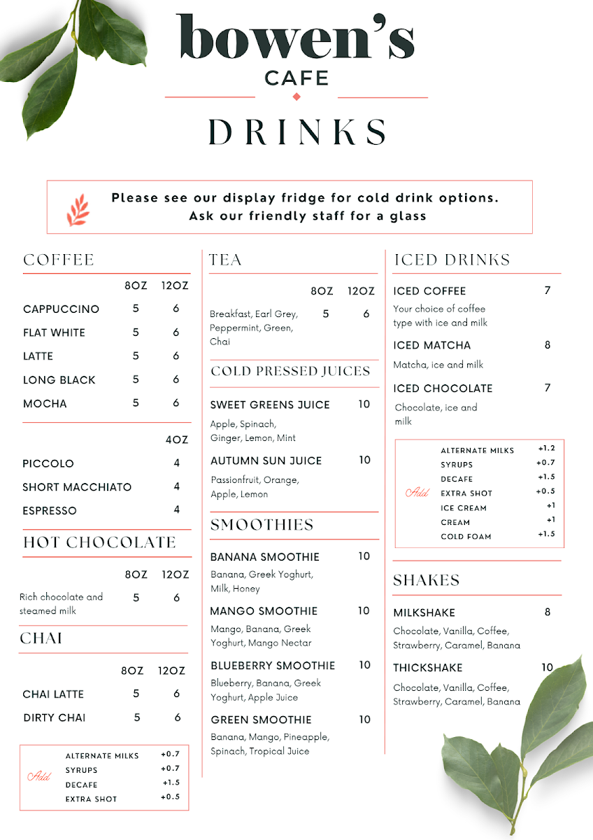 Menu, Bowen's Cafe