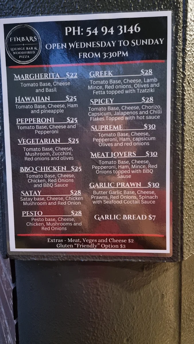 Menu, Finbar's Lounge Bar