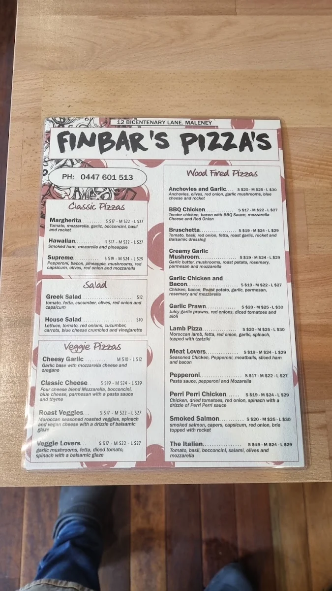 Menu, Finbar's Lounge Bar