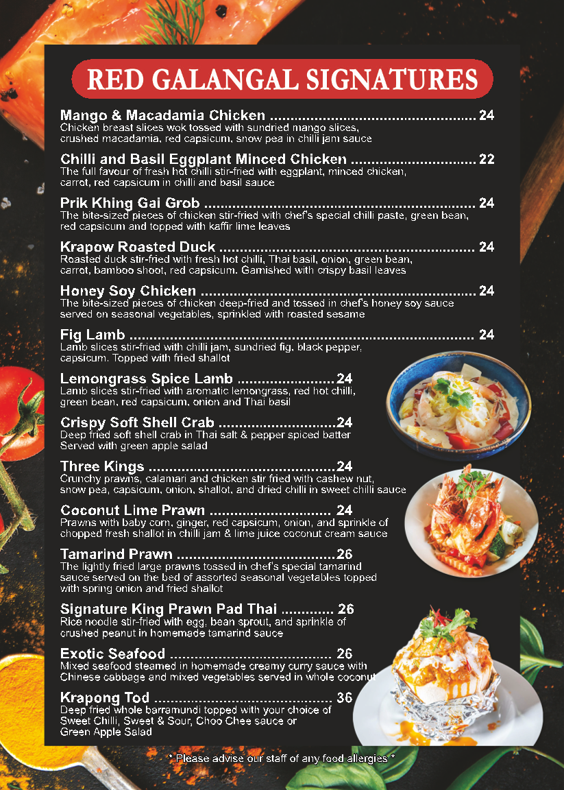 Menu, Red Galangal Thai Restaurant Rouse Hill