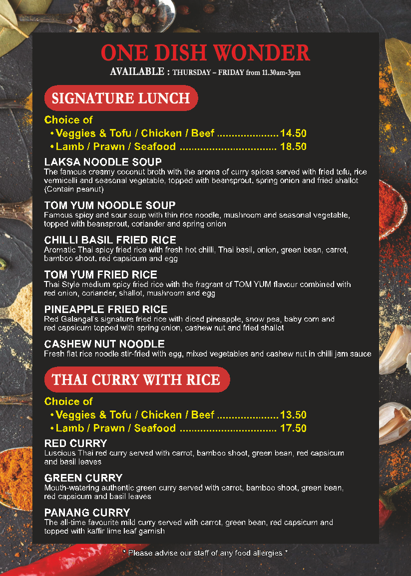 Menu, Red Galangal Thai Restaurant Rouse Hill