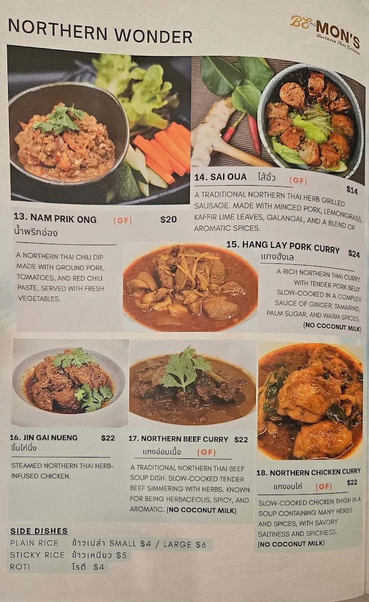 Menu, Be Mon's Northern Thai Cuisine