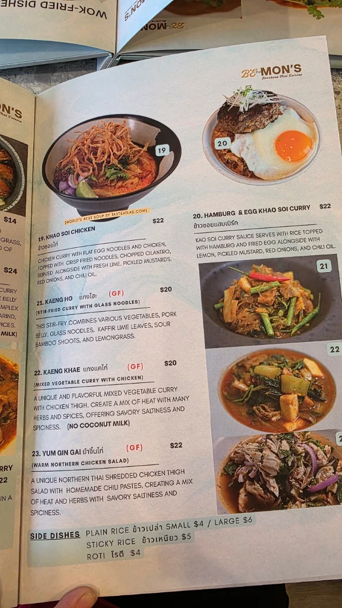 Menu, Be Mon's Northern Thai Cuisine
