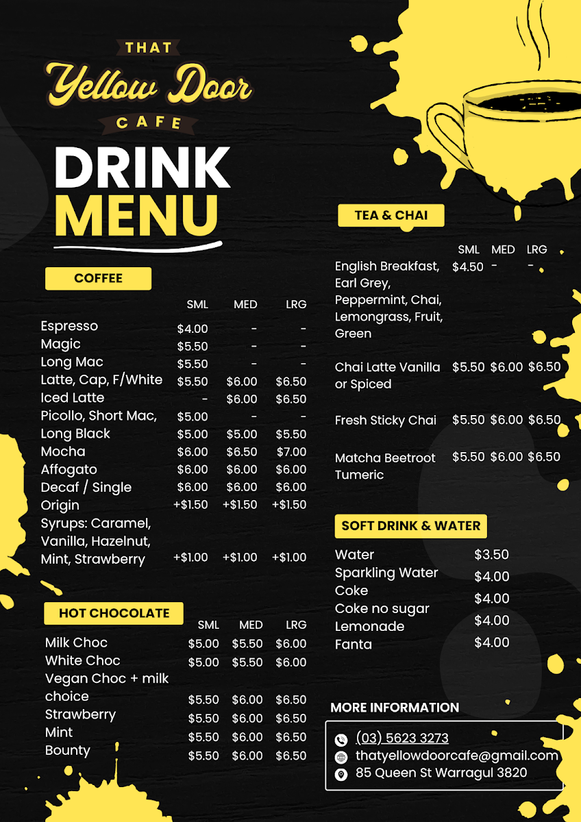 Menu, That Yellow Door Cafe & Bar