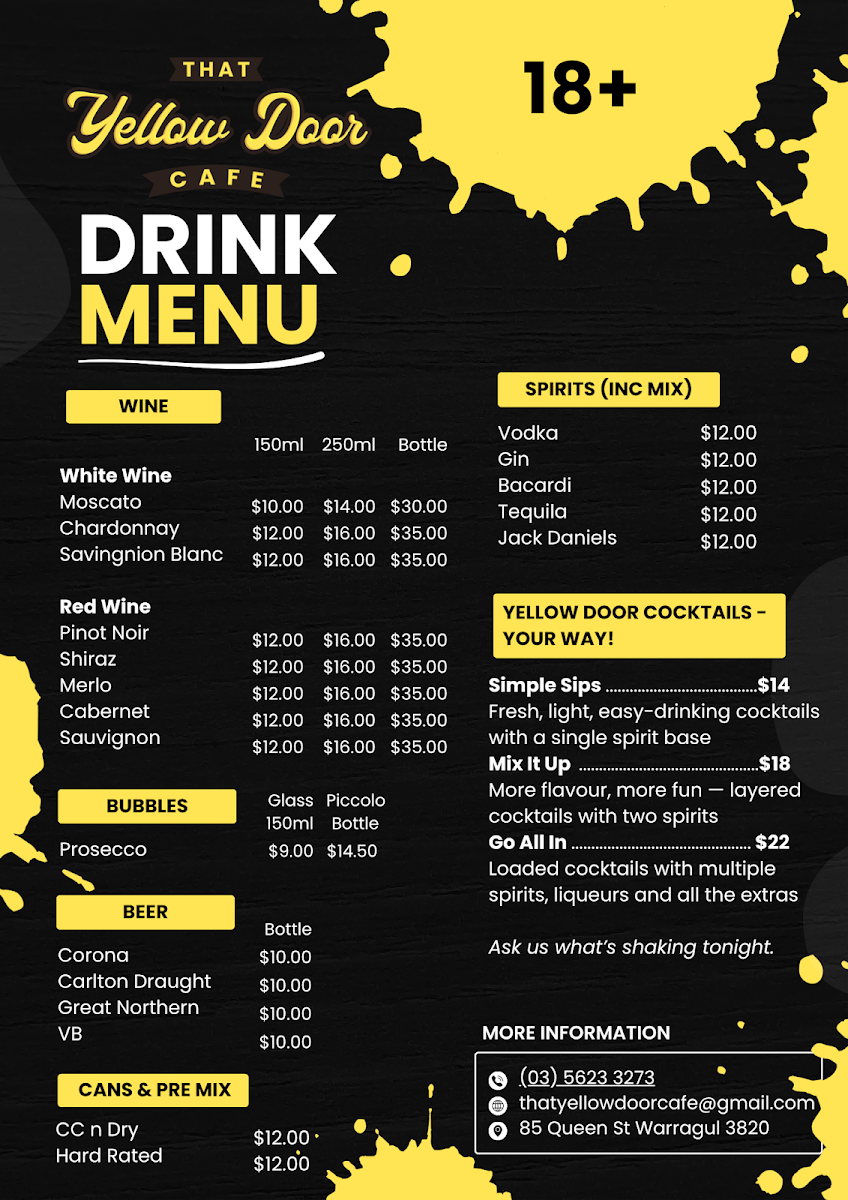 Menu, That Yellow Door Cafe & Bar