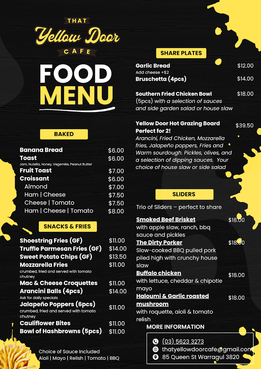 Menu, That Yellow Door Cafe & Bar