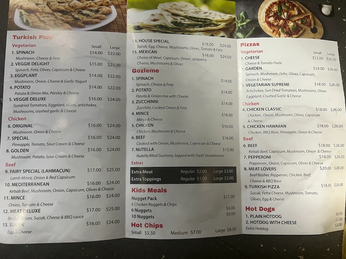 Menu, Fairy Meadow Kebabs & Pide
