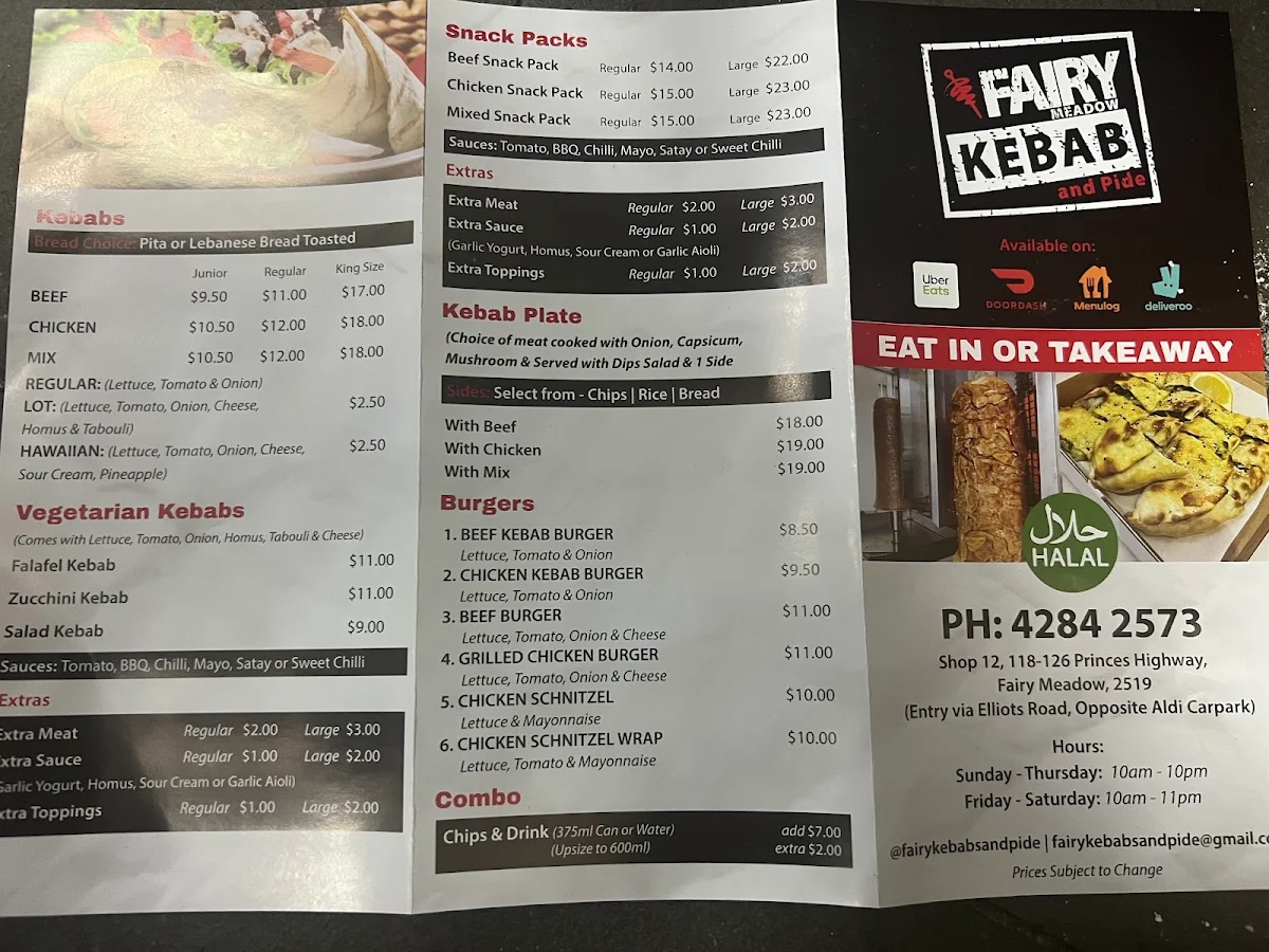 Menu, Fairy Meadow Kebabs & Pide