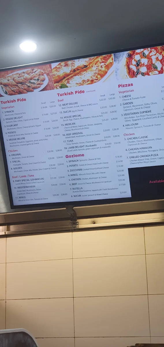Menu, Fairy Meadow Kebabs & Pide