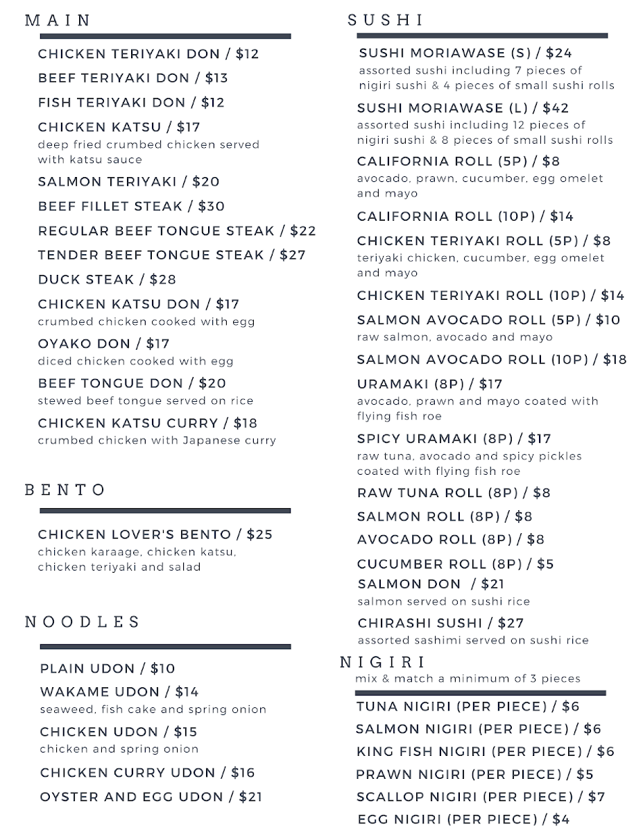 Menu, Kanta Japanese Kitchen