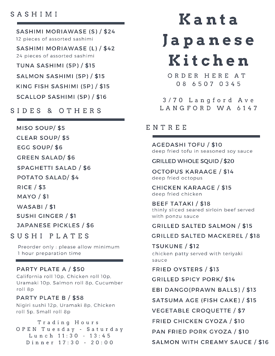 Menu, Kanta Japanese Kitchen