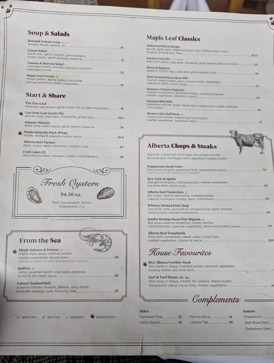 Menu, The Maple Leaf Steak & Seafood