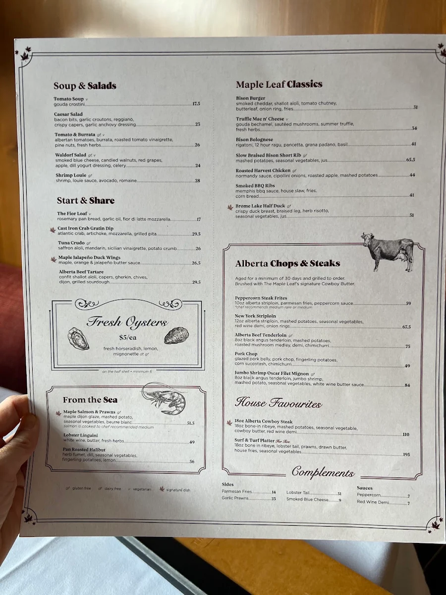 Menu, The Maple Leaf Steak & Seafood