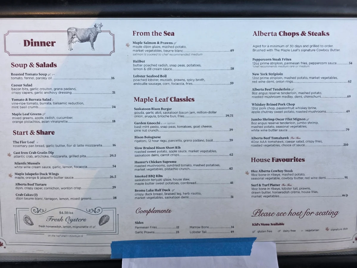 Menu, The Maple Leaf Steak & Seafood