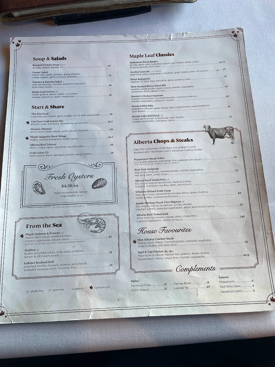 Menu, The Maple Leaf Steak & Seafood