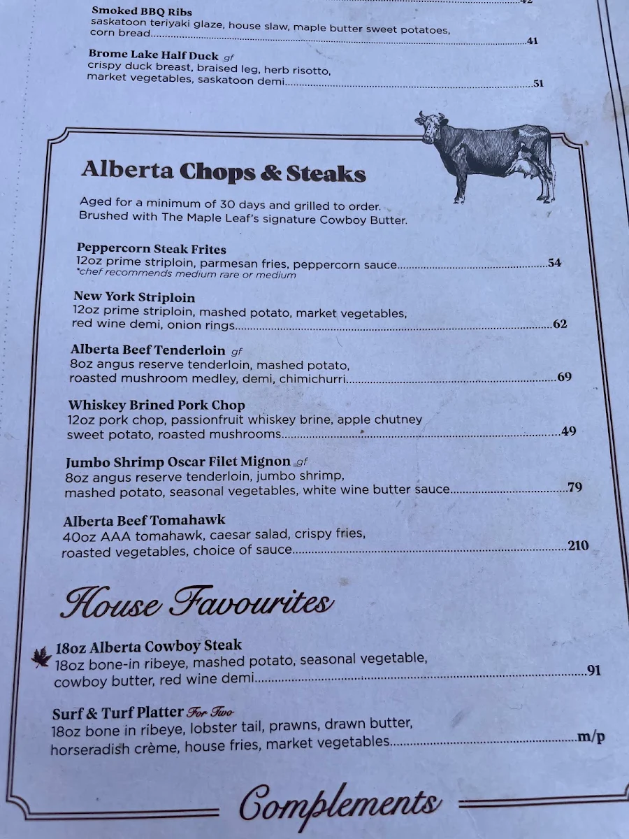 Menu, The Maple Leaf Steak & Seafood