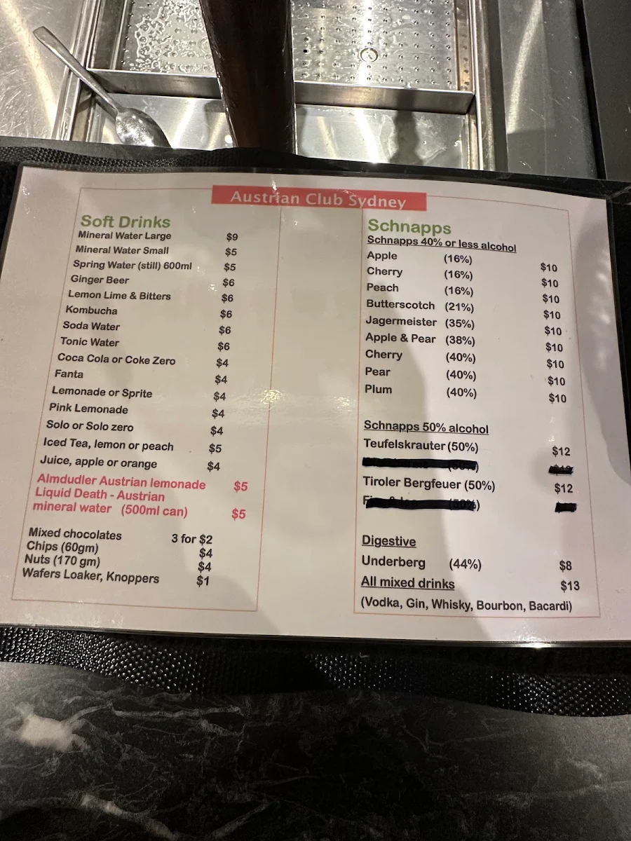 Menu, Austrian Club Restaurant